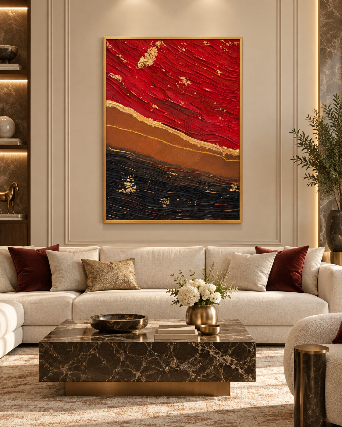 Textured artwork above a neutral sofa