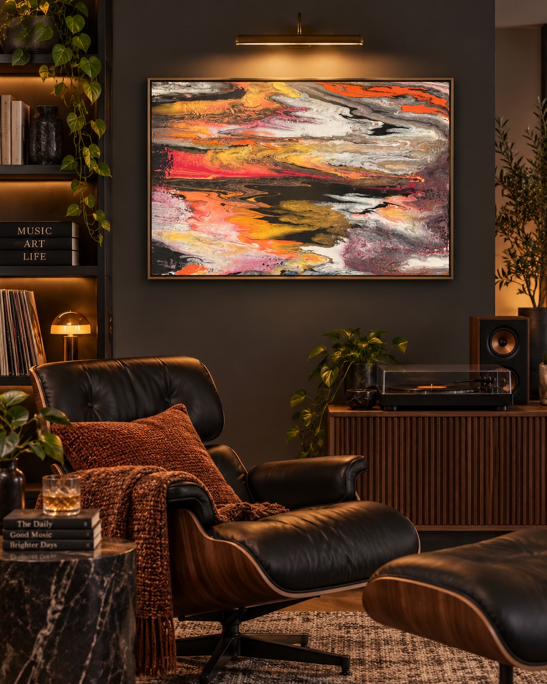 Ember Horizon displayed in a dark contemporary music room
