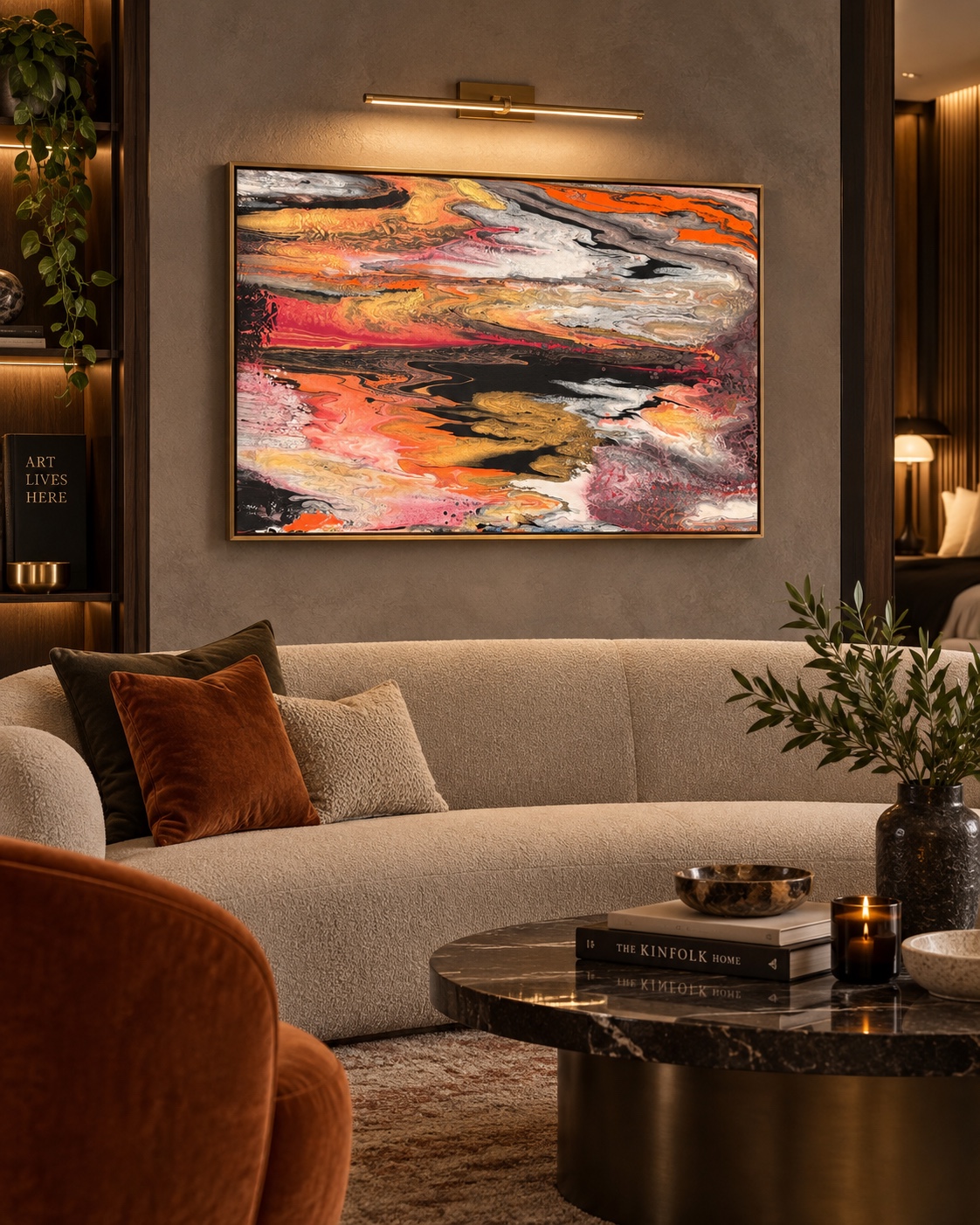 Ember Horizon displayed above a neutral curved sofa