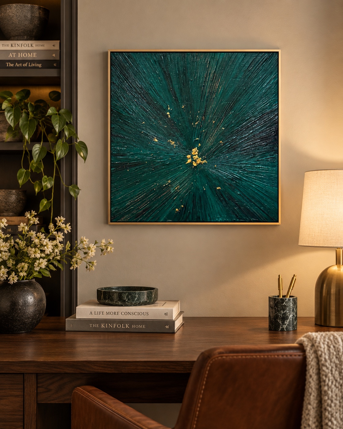 Emergence displayed above a contemporary writing desk