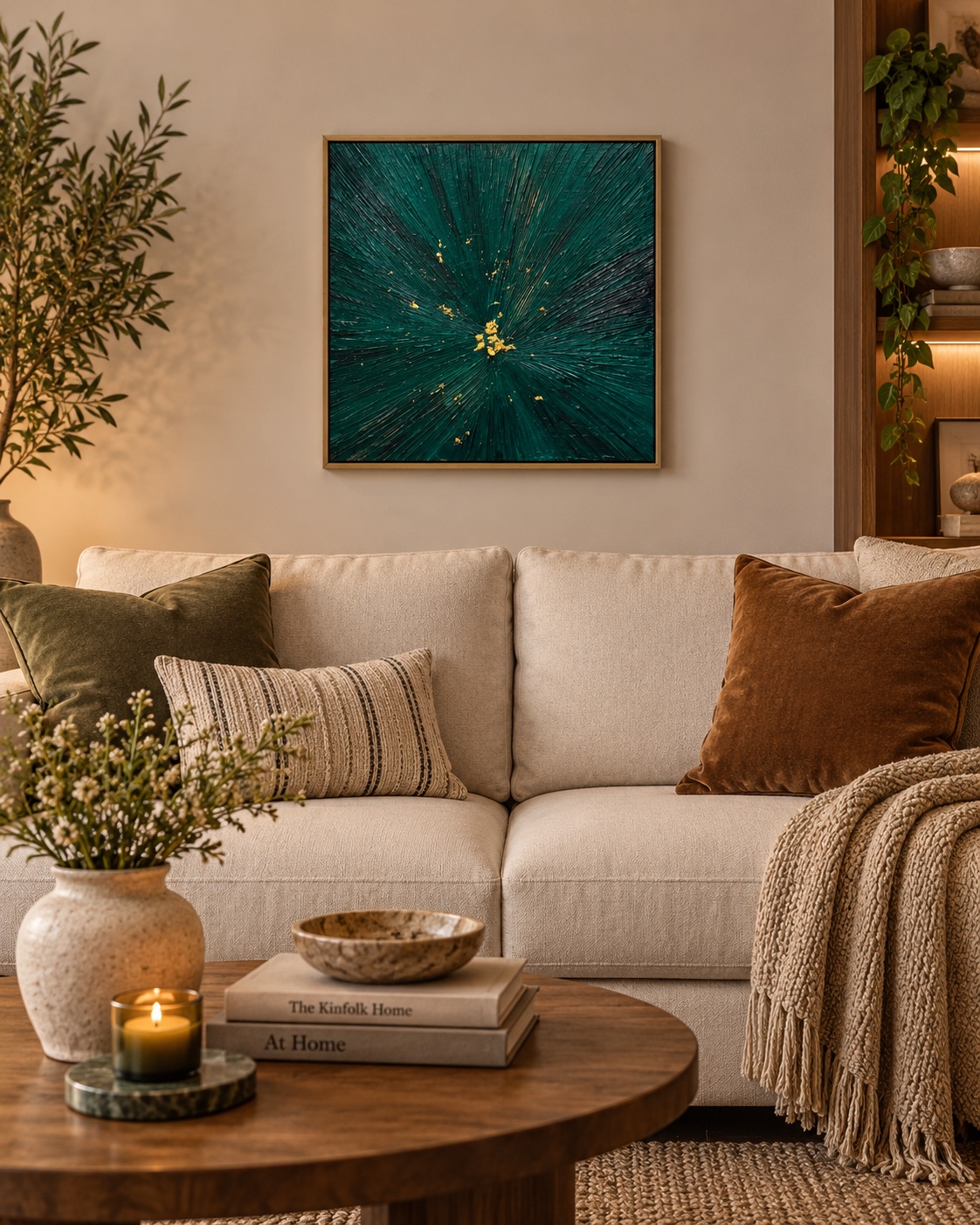 Emergence displayed above a neutral living room sofa