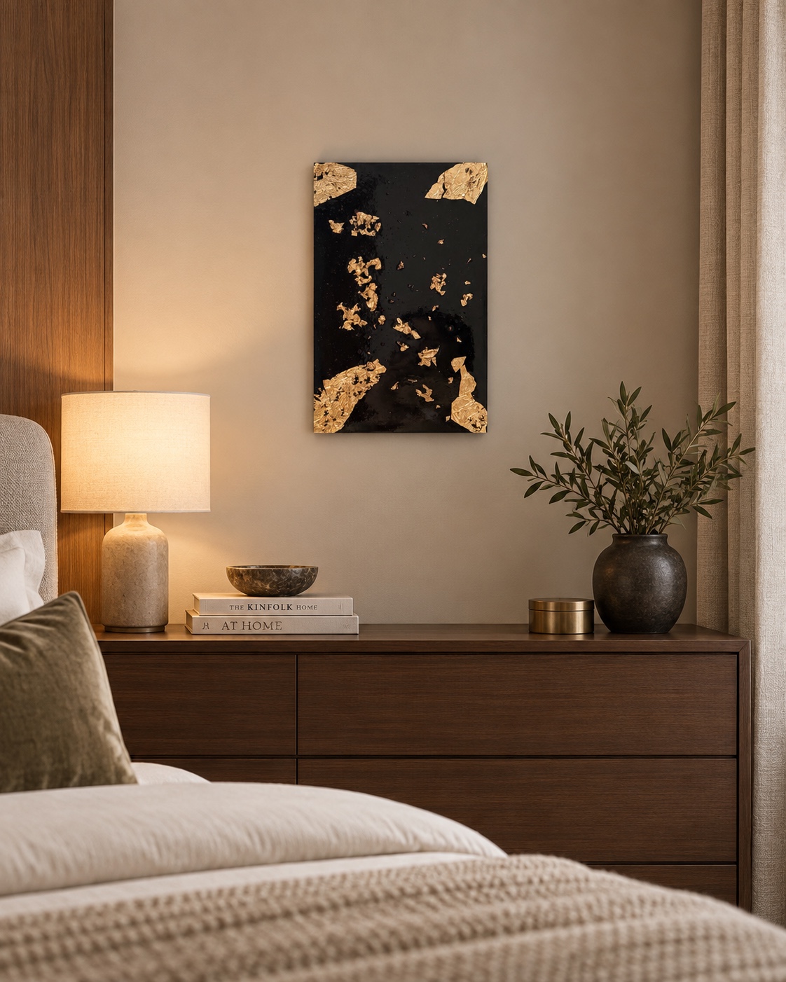 Gilded Silence displayed above a bedroom dresser