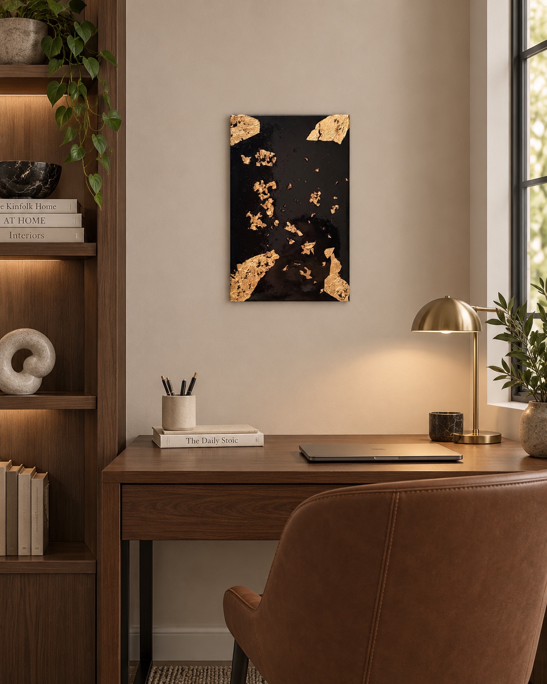 Gilded Silence displayed above a contemporary office desk