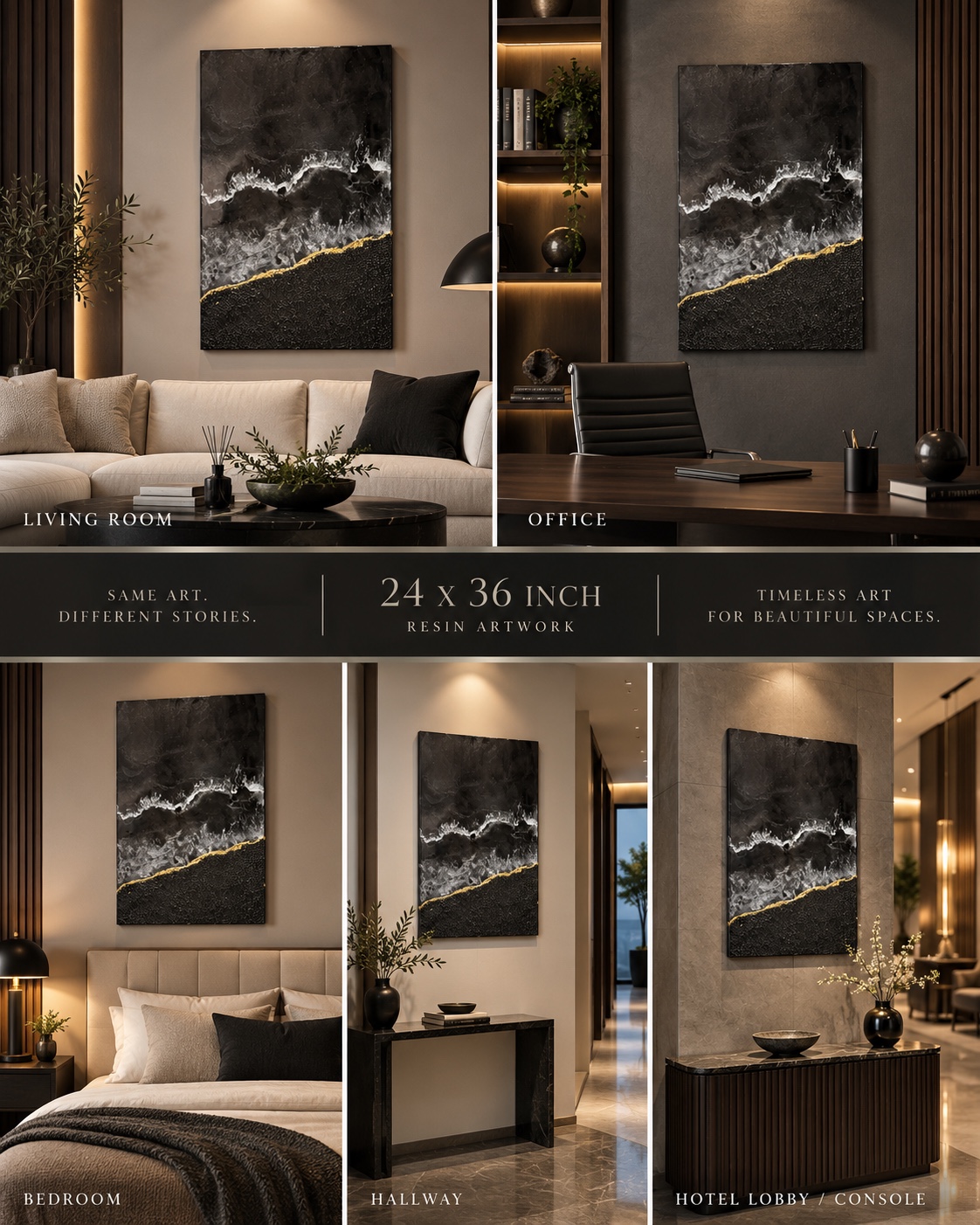 Midnight Tide shown in living room, office, bedroom, hallway and hotel settings