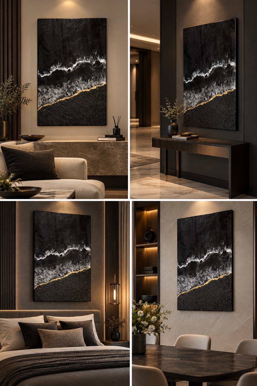 Midnight Tide displayed across four refined contemporary interiors