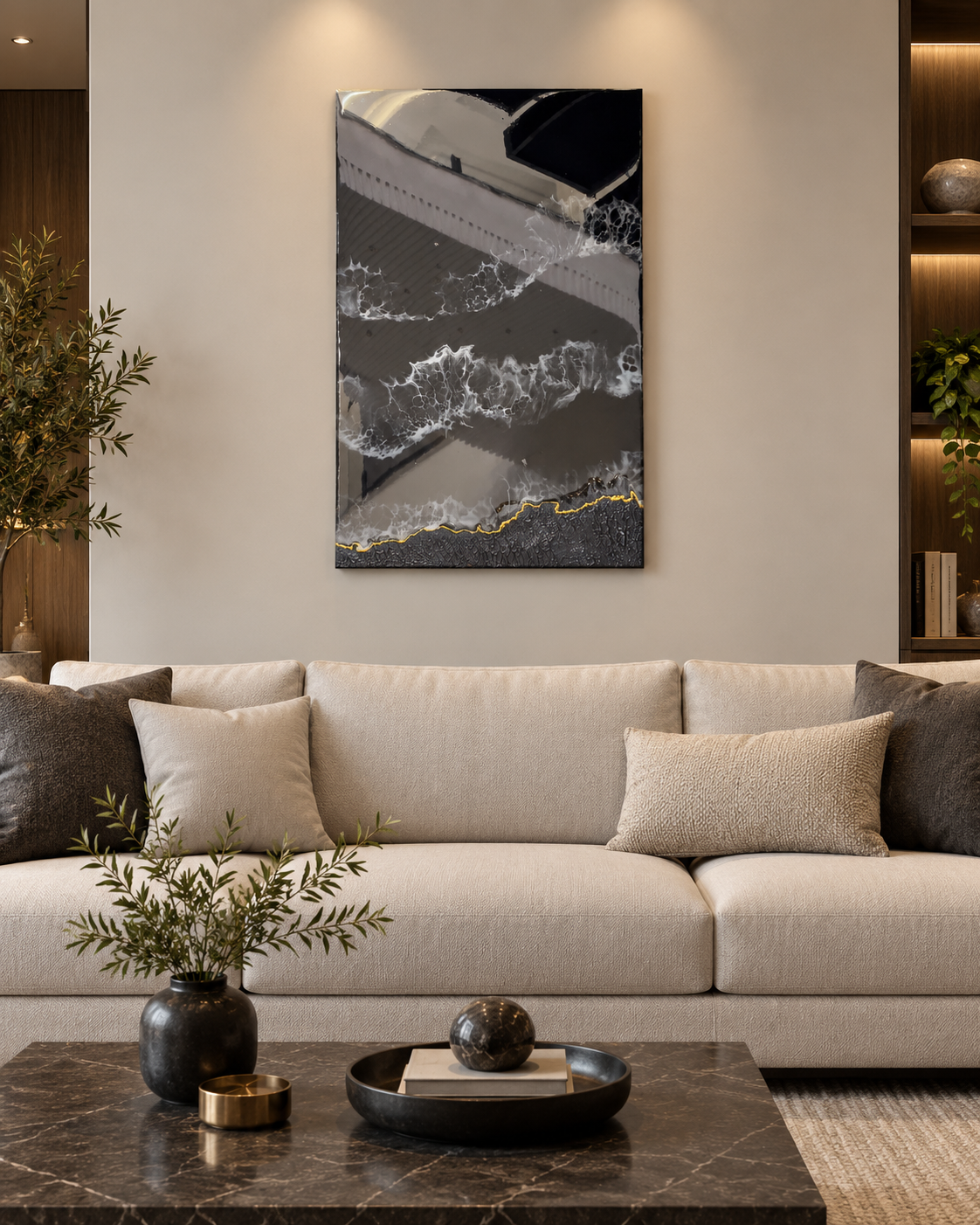Midnight Ocean displayed above a neutral living-room sofa