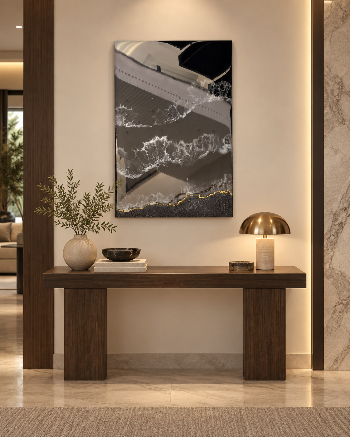 Midnight Ocean displayed above a dark wood console